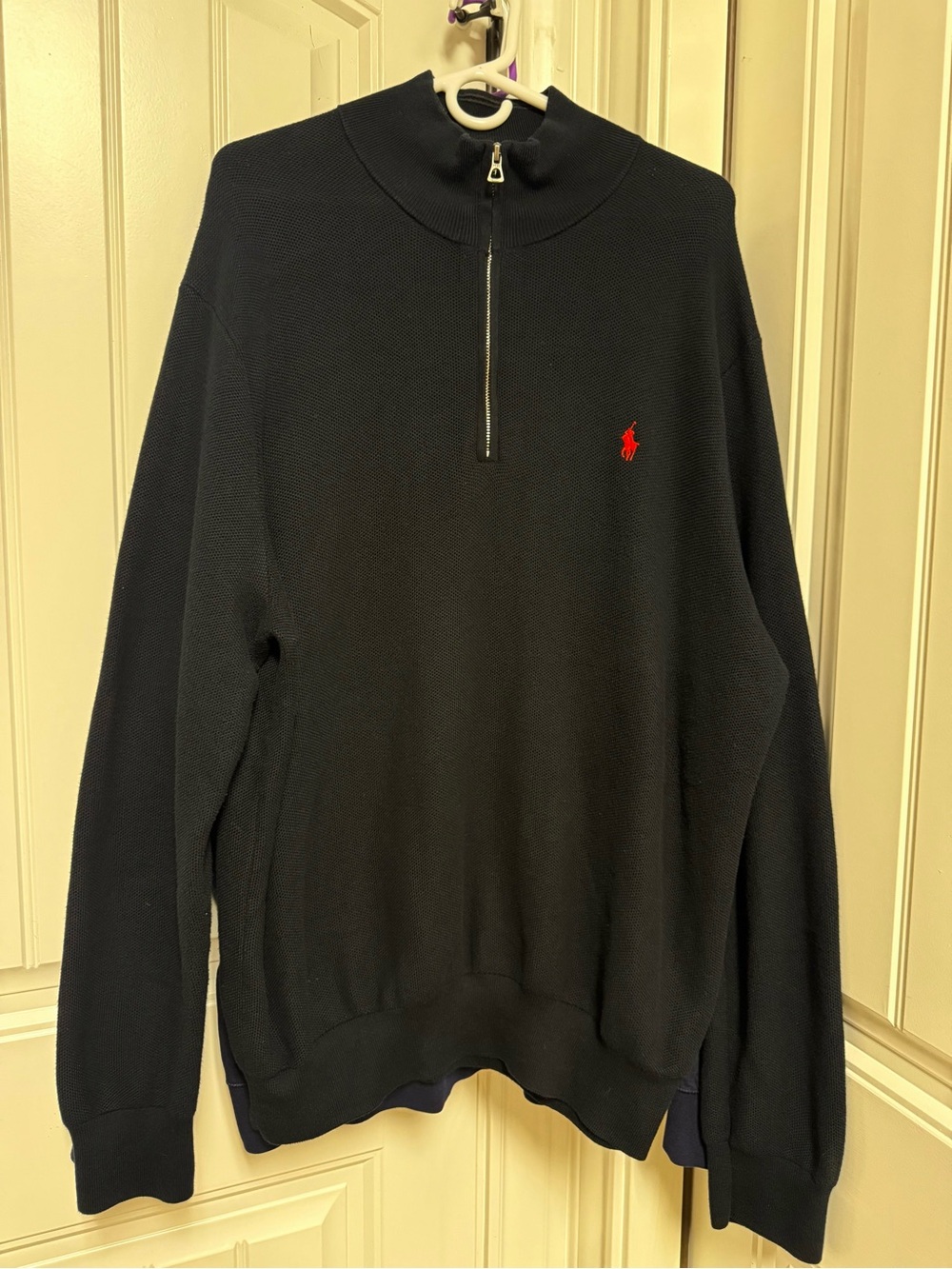 Polo by Ralph Lauren Men’s Navy Zip Mockneck Sweater with Red Pony